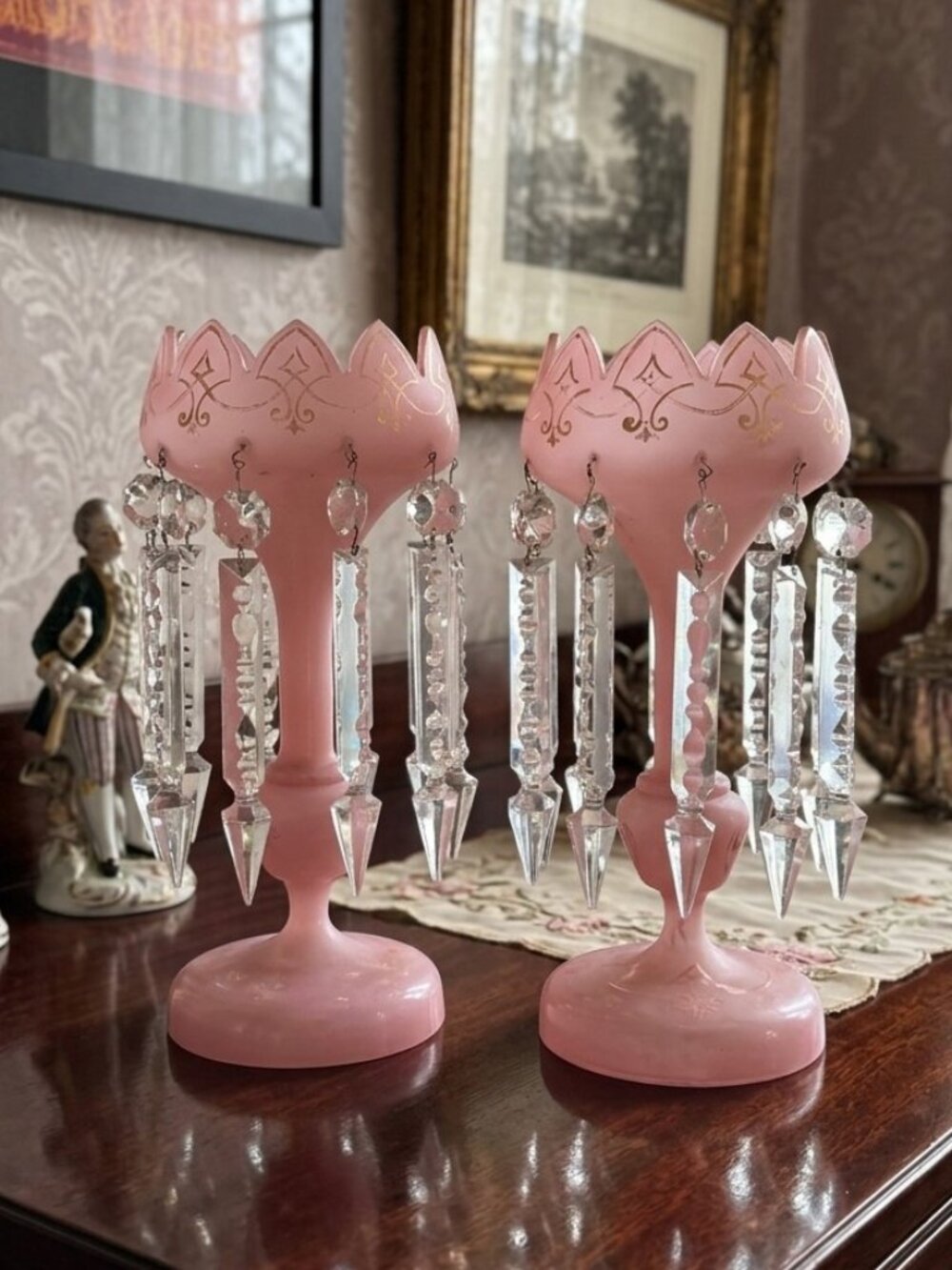 Pair Antique Victorian Pink Opaline Glass Mantle Lustres Crystals Candle Holders
